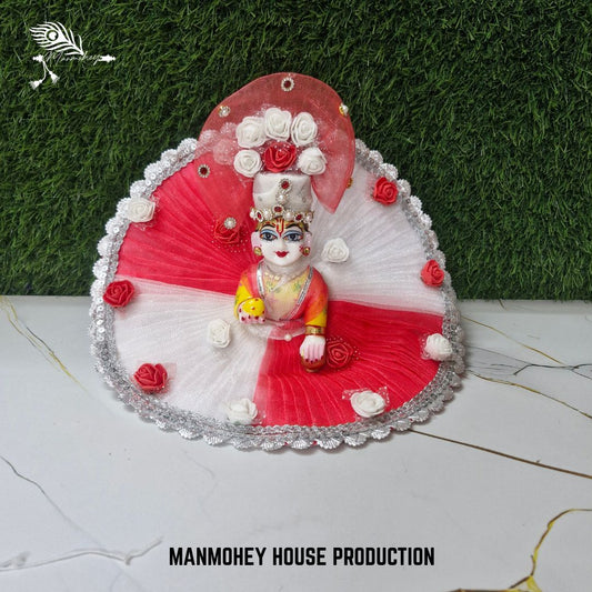 Red & White Floral Designer Chamki Lace Dress for Laddu Gopal Ji