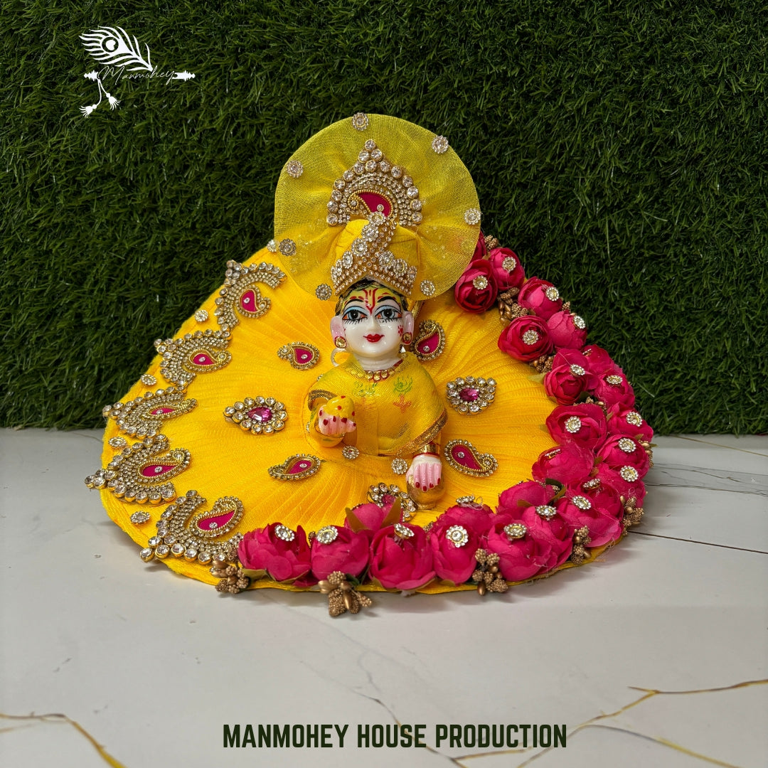Royal Yellow & Pink Rose Laddu Gopal Ji Dress with Heavy Stone and Pagdi Set