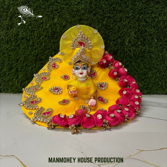 Royal Yellow & Pink Rose Laddu Gopal Ji Dress with Heavy Stone and Pagdi Set