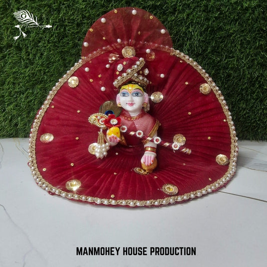 Elegant Red Laddu Gopal Ji Dress with Bansuri | Handmade Velvet Look Dress