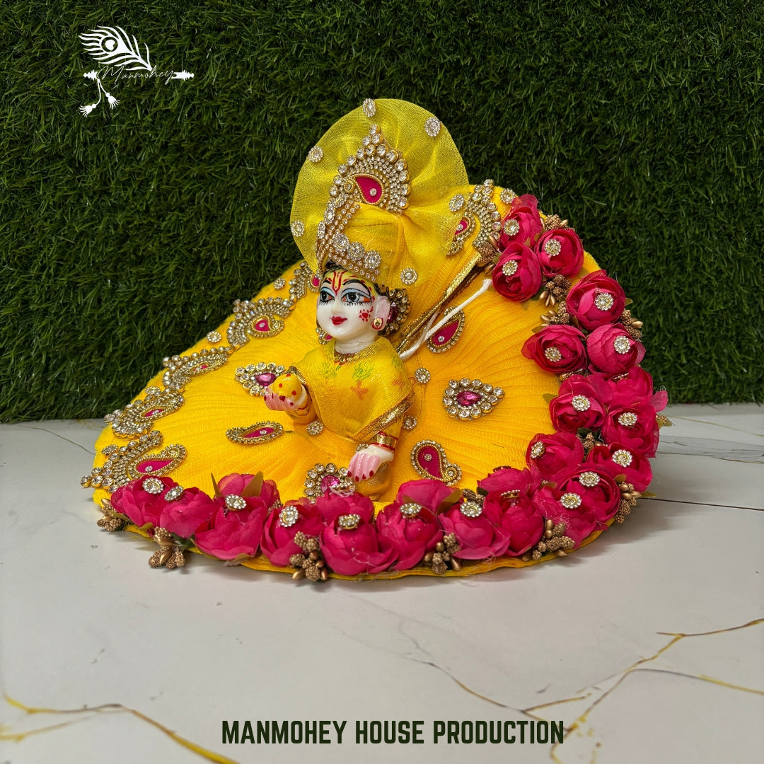 Royal Yellow & Pink Rose Laddu Gopal Ji Dress with Heavy Stone and Pagdi Set