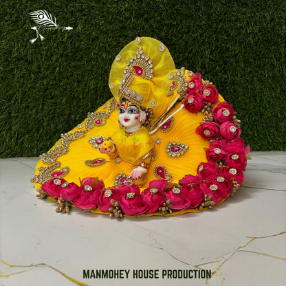 Royal Yellow & Pink Rose Laddu Gopal Ji Dress with Heavy Stone and Pagdi Set