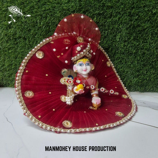 Elegant Red Laddu Gopal Ji Dress with Bansuri | Handmade Velvet Look Dress