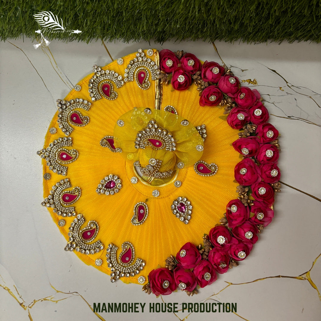 Royal Yellow & Pink Rose Laddu Gopal Ji Dress with Heavy Stone and Pagdi Set