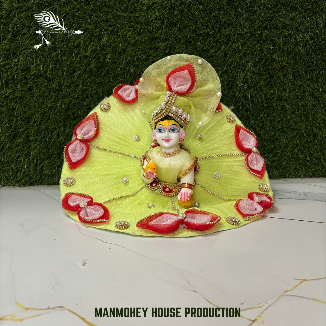 Lime Glow Laddu Gopal Dress with Red Petal Design | Designer Poshak with Mukut Set