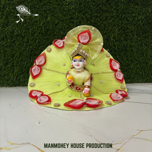 Lime Glow Laddu Gopal Dress with Red Petal Design | Designer Poshak with Mukut Set