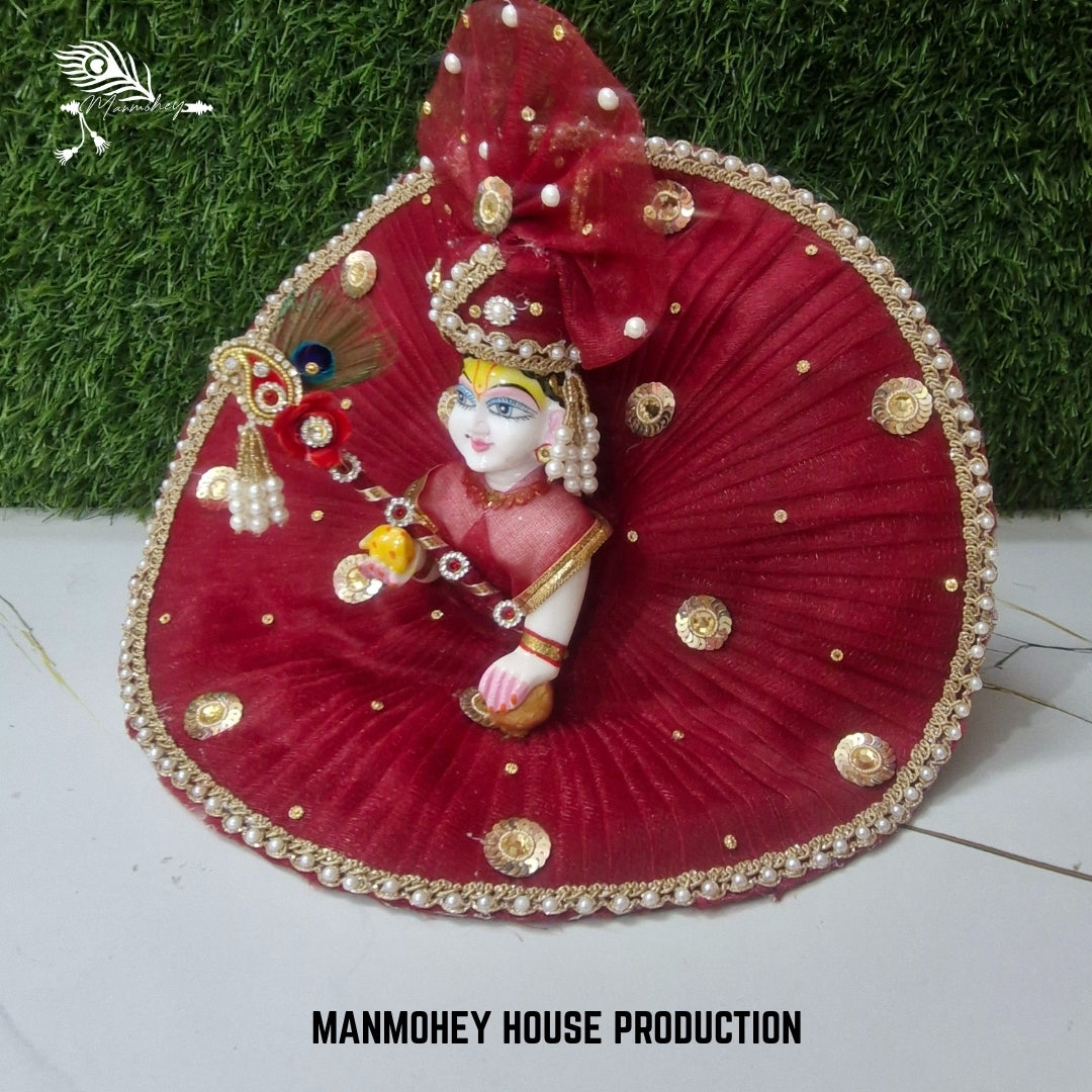 Elegant Red Laddu Gopal Ji Dress with Bansuri | Handmade Velvet Look Dress