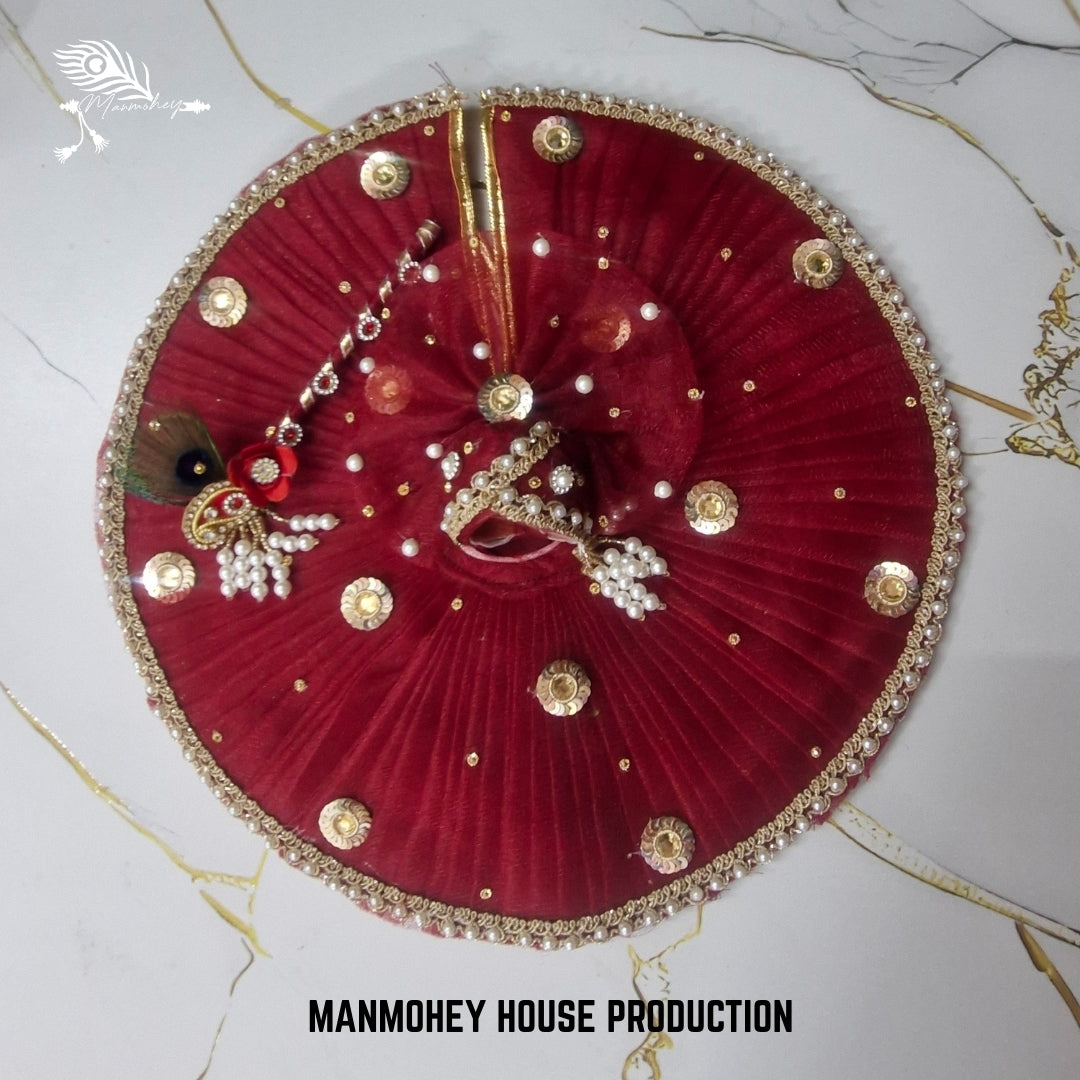 Elegant Red Laddu Gopal Ji Dress with Bansuri | Handmade Velvet Look Dress