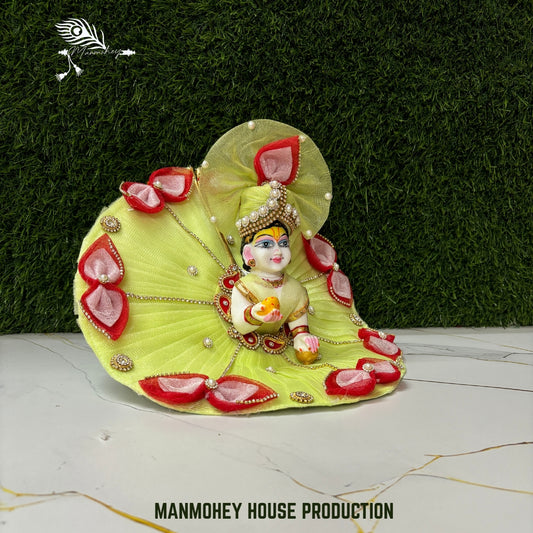 Lime Glow Laddu Gopal Dress with Red Petal Design | Designer Poshak with Mukut Set