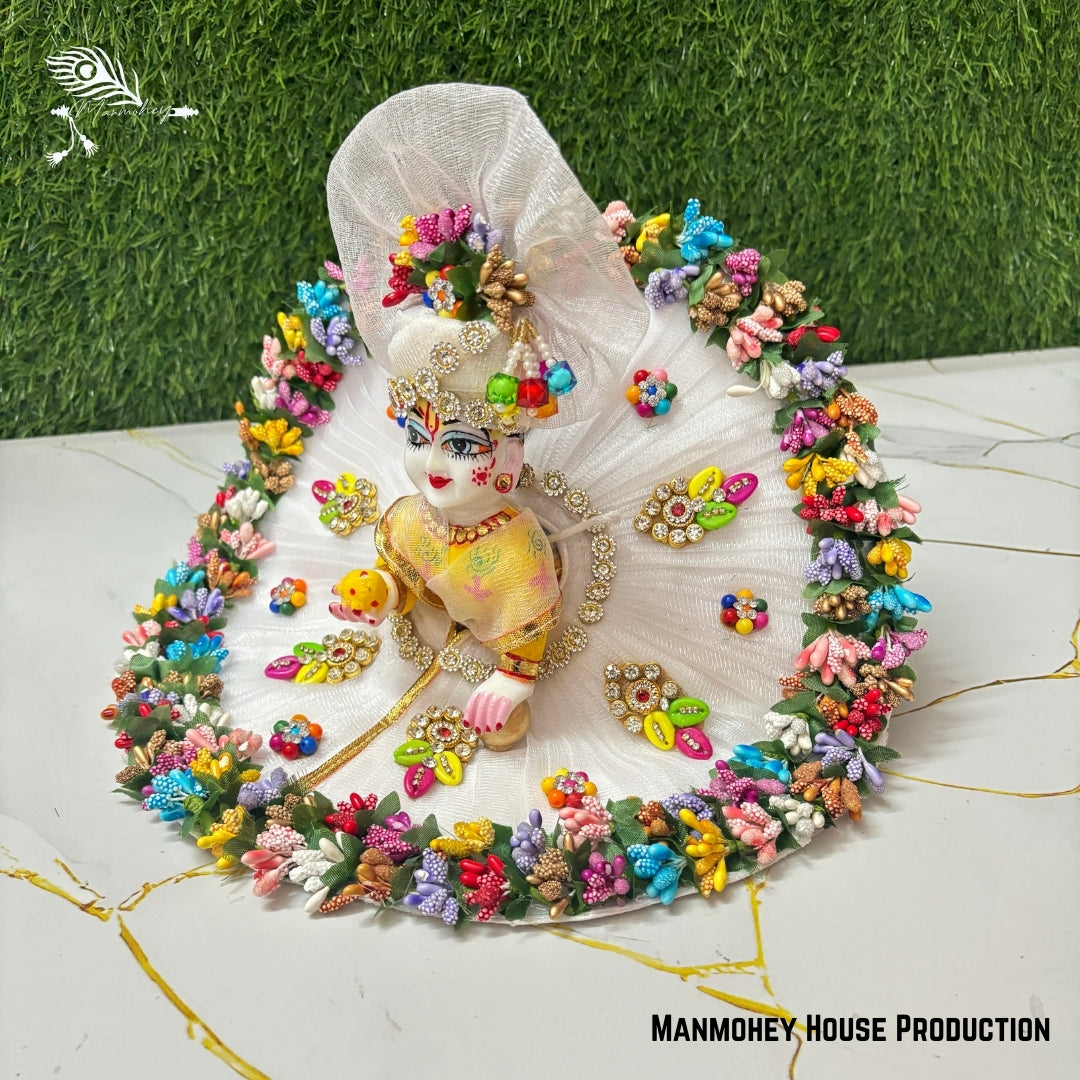 Handcrafted Laddu Gopal Heavy Dress Set – Maroon & Pink Floral Design with Pearl Embellishments
