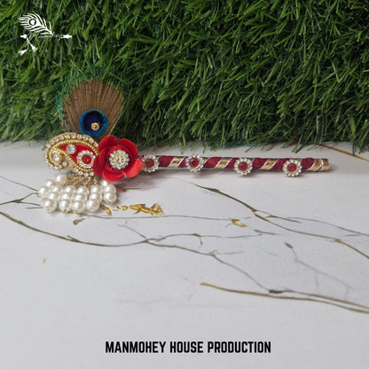 Elegant Red Laddu Gopal Ji Dress with Bansuri | Handmade Velvet Look Dress