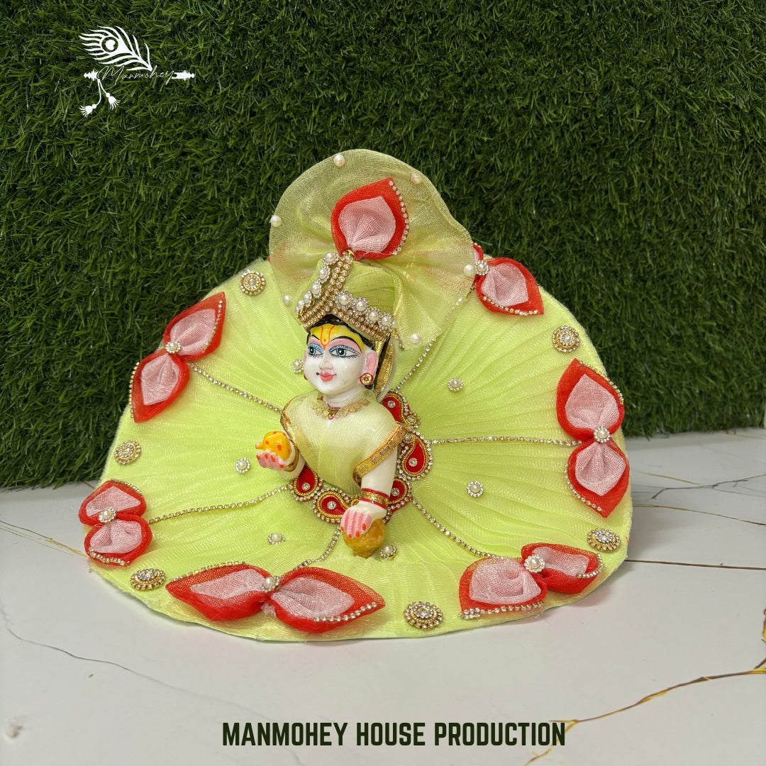 Lime Glow Laddu Gopal Dress with Red Petal Design | Designer Poshak with Mukut Set