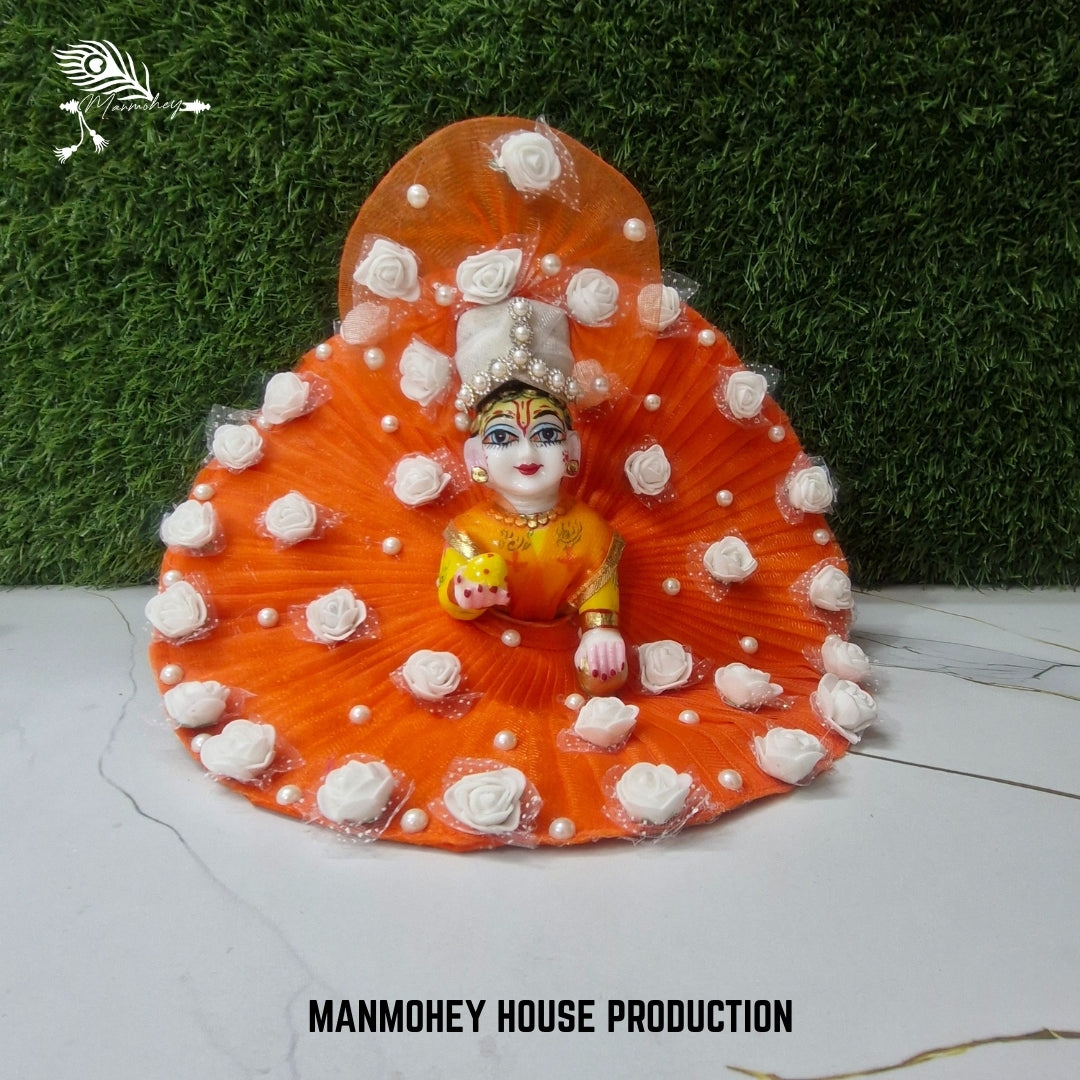 Bright Orange Laddu Gopal Ji Dress with White Rose Work | Designer Floral Poshak
