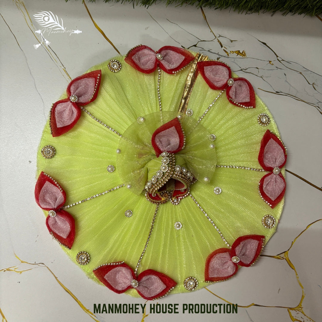 Lime Glow Laddu Gopal Dress with Red Petal Design | Designer Poshak with Mukut Set