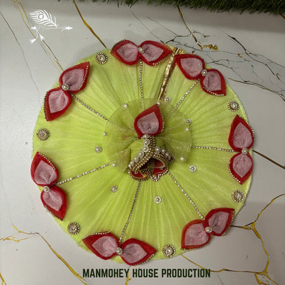 Lime Glow Laddu Gopal Dress with Red Petal Design | Designer Poshak with Mukut Set