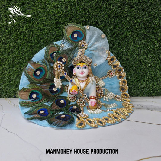 Elegant Blue Peacock Feather Laddu Gopal Dress with Crown & Accessories