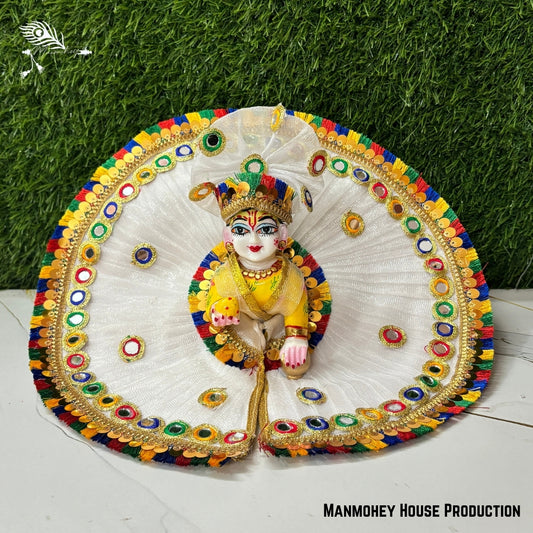 Divine White Laddu Gopal Heavy Poshak – Handmade Krishna Ji Dress with Golden Embellishments & Multicolor Border