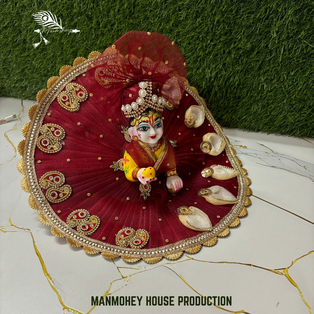 Royal Maroon Heartwork Dress for Laddu Gopal Ji | Handcrafted Divine Wear with Mukut