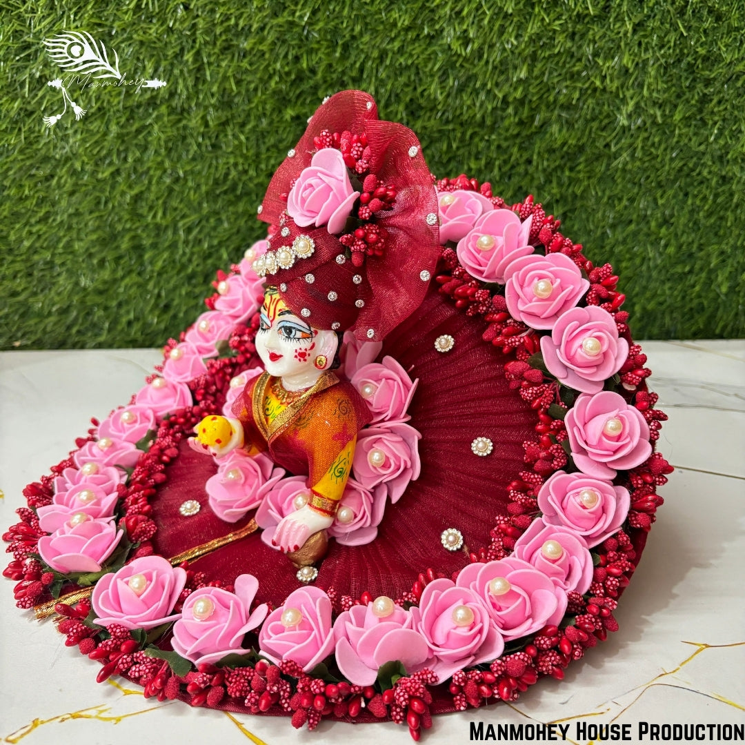 Royal Pink Laddu Gopal Heavy Poshak – Handcrafted Floral Krishna Ji Dress with Turban & Embroidery