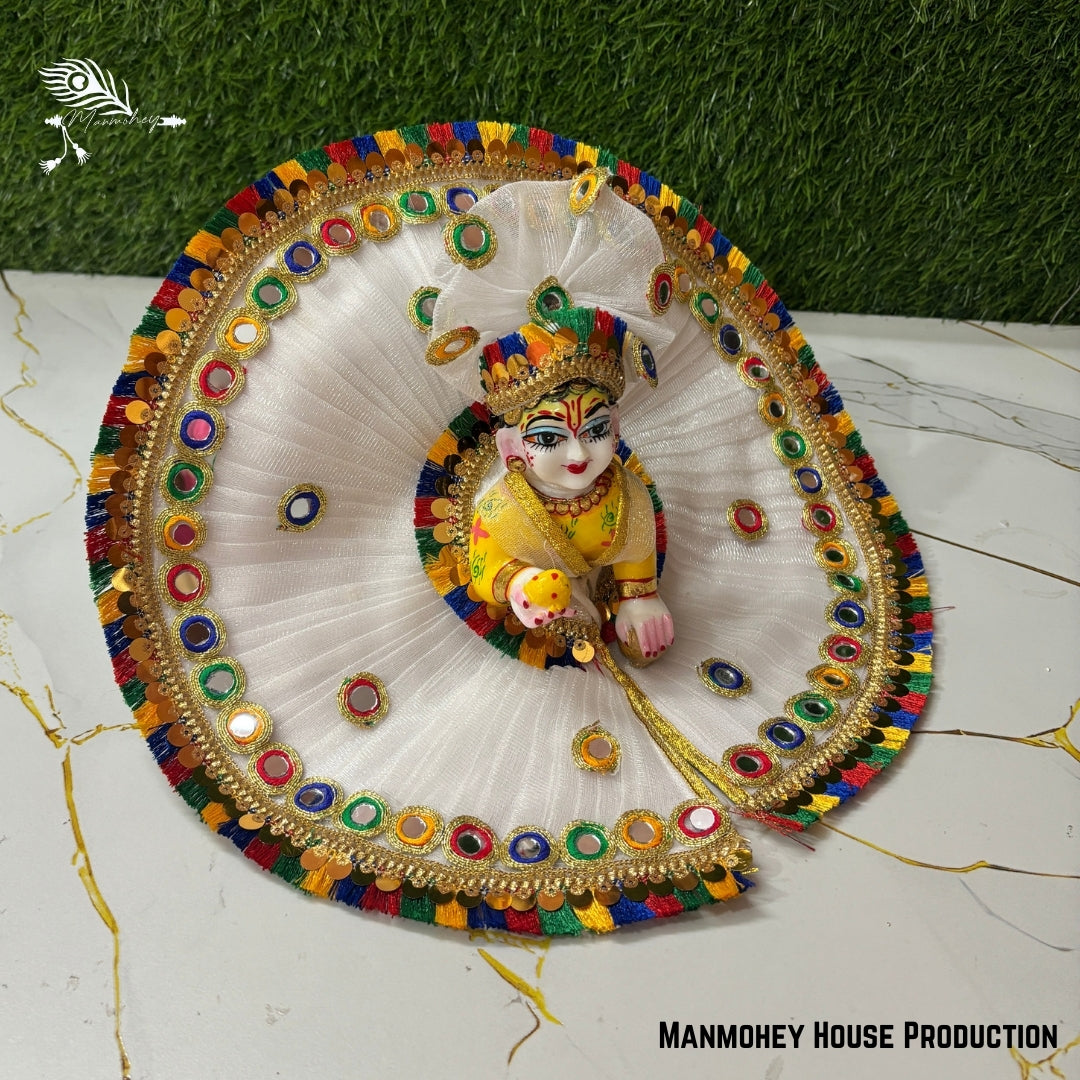Divine White Laddu Gopal Heavy Poshak – Handmade Krishna Ji Dress with Golden Embellishments & Multicolor Border