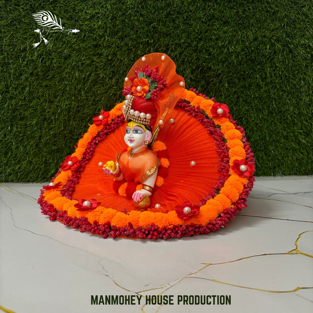 Bright Orange Designer Laddu Gopal Dress with Floral Crown