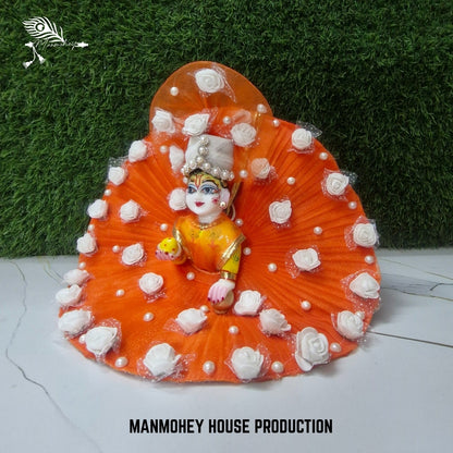 Bright Orange Laddu Gopal Ji Dress with White Rose Work | Designer Floral Poshak