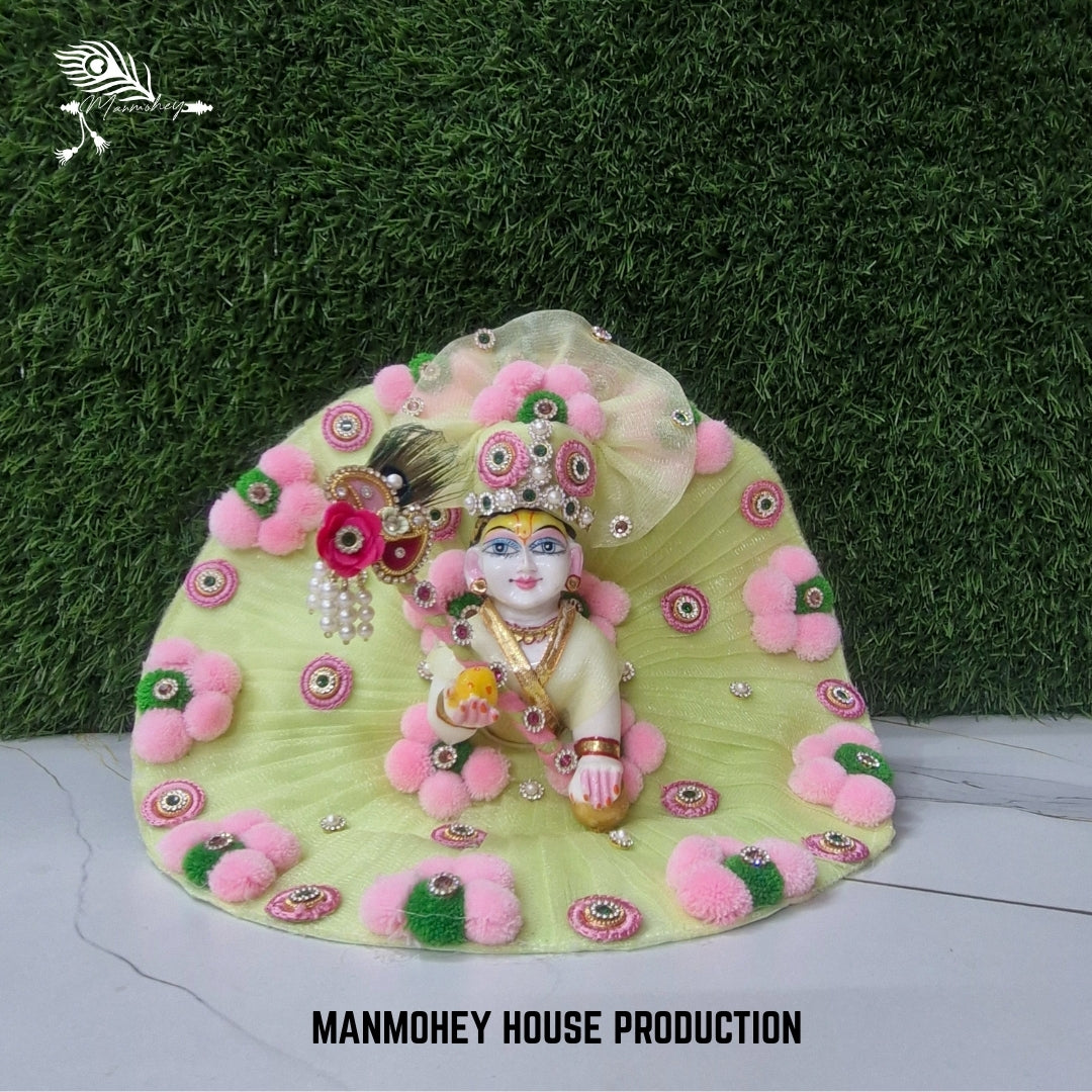Light Green Laddu Gopal Dress with Pink Pom-Pom Flowers | Elegant Bansuri Poshak
