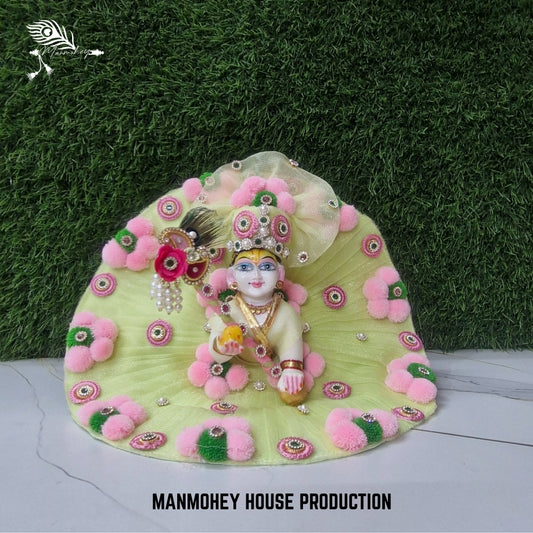 Light Green Laddu Gopal Dress with Pink Pom-Pom Flowers | Elegant Bansuri Poshak