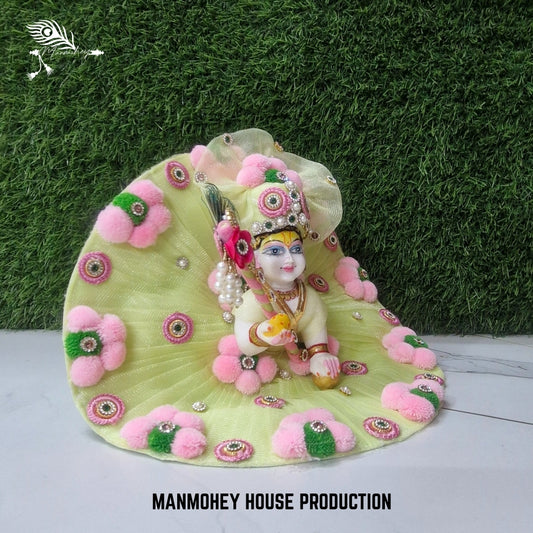 Light Green Laddu Gopal Dress with Pink Pom-Pom Flowers | Elegant Bansuri Poshak