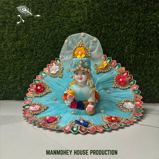 Elegant Sky Blue Laddu Gopal Ji Dress with Floral Embellishments