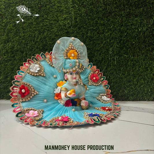 Elegant Sky Blue Laddu Gopal Ji Dress with Floral Embellishments