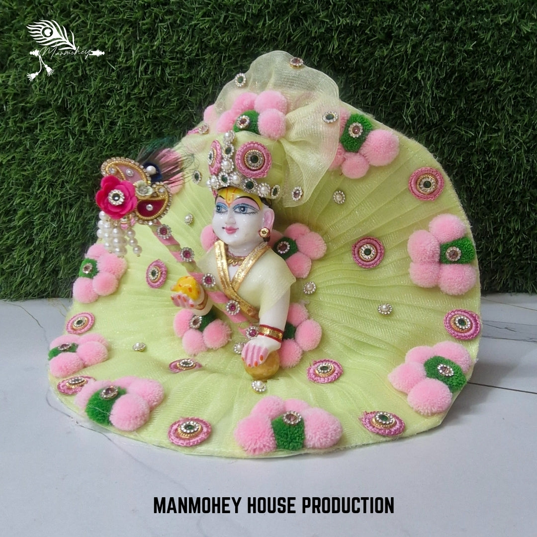 Light Green Laddu Gopal Dress with Pink Pom-Pom Flowers | Elegant Bansuri Poshak