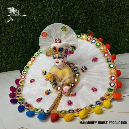 Handcrafted Laddu Gopal Dress – White Heavy Poshak with Colorful Pom-Pom & Embroidery