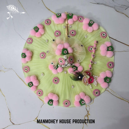 Light Green Laddu Gopal Dress with Pink Pom-Pom Flowers | Elegant Bansuri Poshak
