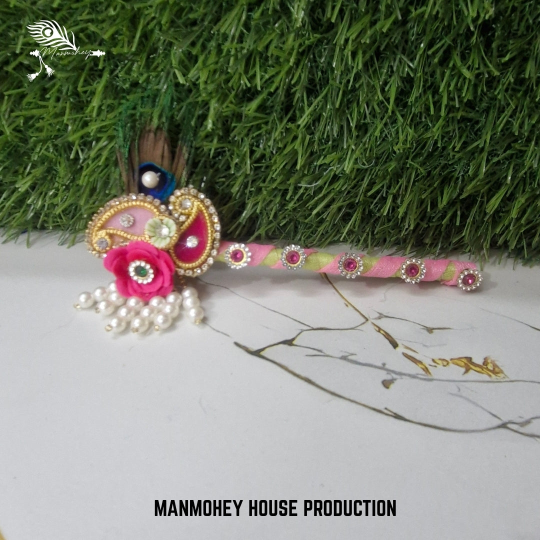 Light Green Laddu Gopal Dress with Pink Pom-Pom Flowers | Elegant Bansuri Poshak