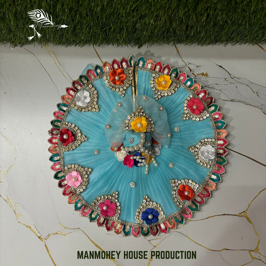 Elegant Sky Blue Laddu Gopal Ji Dress with Floral Embellishments