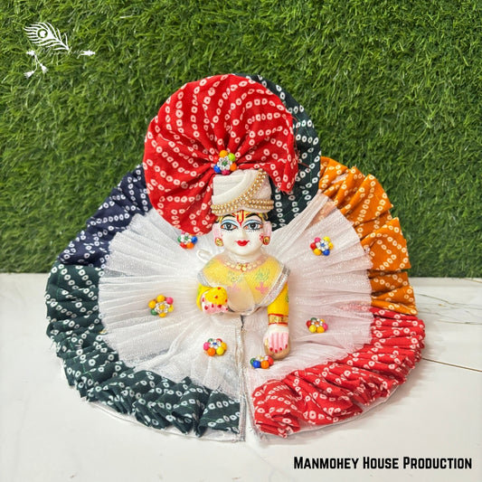 Traditional Bandhani Laddu Gopal Heavy Poshak – Handmade Yellow, Red & Black Krishna Ji Dress