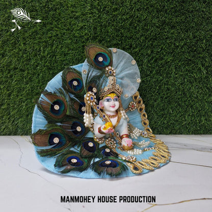 Elegant Blue Peacock Feather Laddu Gopal Dress with Crown & Accessories