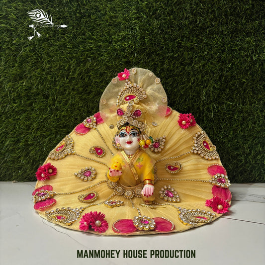 Floral Radiance Yellow Dress for Laddu Gopal Ji | Pink Stone & Flower Embellished Mukut Set