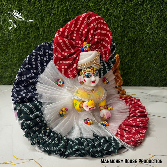 Traditional Bandhani Laddu Gopal Heavy Poshak – Handmade Yellow, Red & Black Krishna Ji Dress