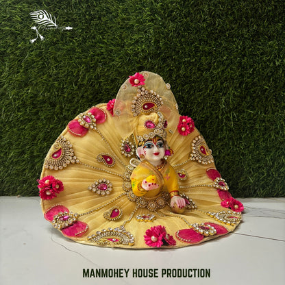 Floral Radiance Yellow Dress for Laddu Gopal Ji | Pink Stone & Flower Embellished Mukut Set