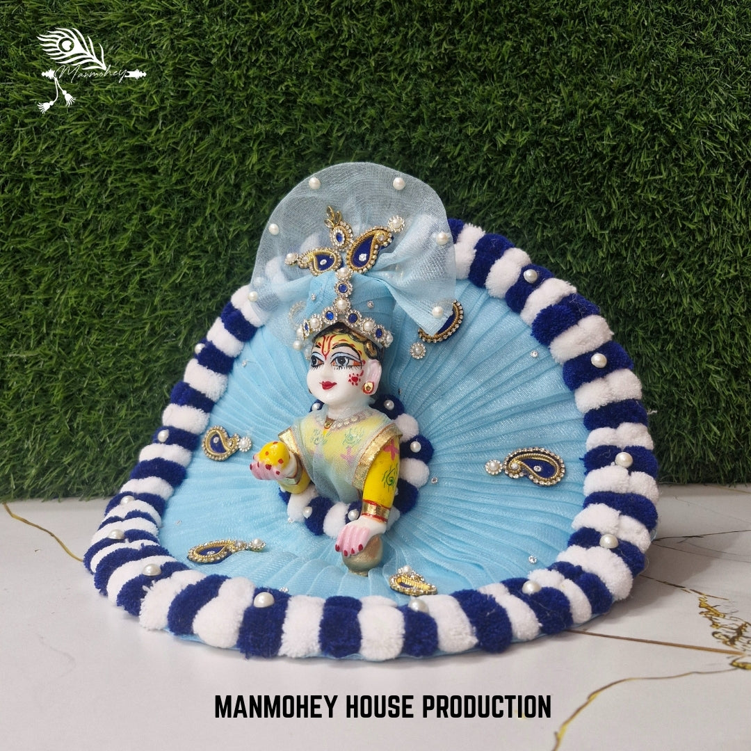 Sky Blue Laddu Gopal Dress with Navy Velvet Stripes | Designer Poshak Set with Pearl Work
