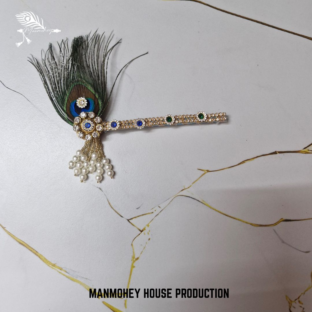 Elegant Blue Peacock Feather Laddu Gopal Dress with Crown & Accessories