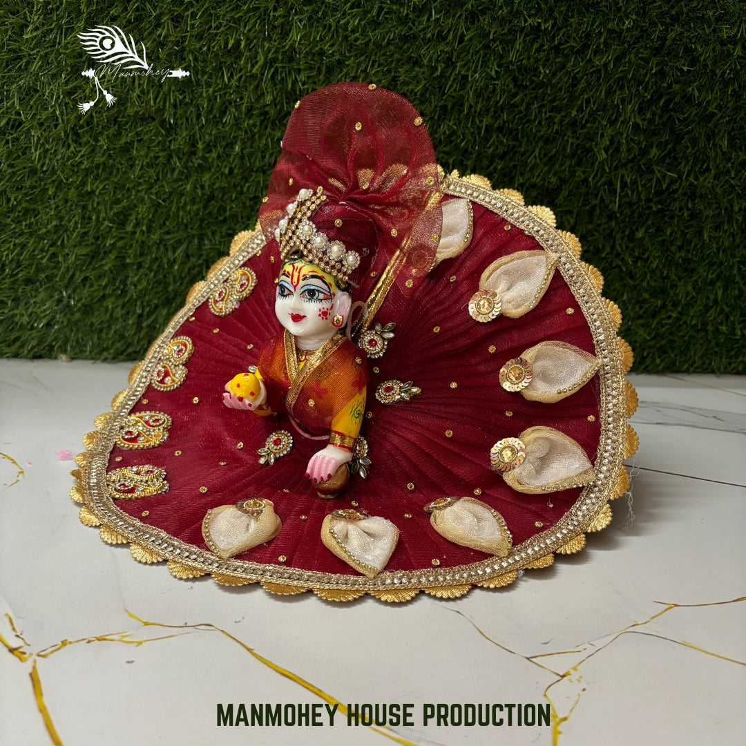 Royal Maroon Heartwork Dress for Laddu Gopal Ji | Handcrafted Divine Wear with Mukut
