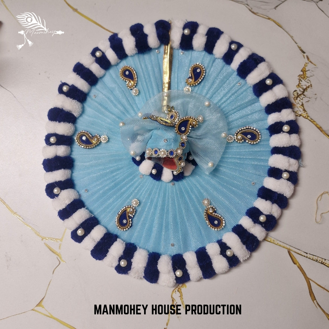 Sky Blue Laddu Gopal Dress with Navy Velvet Stripes | Designer Poshak Set with Pearl Work