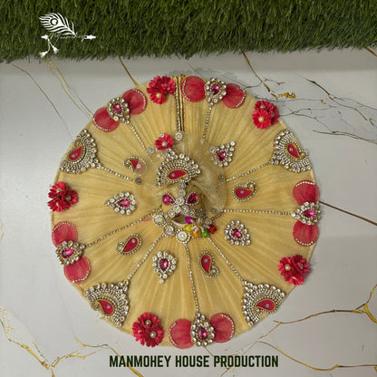 Floral Radiance Yellow Dress for Laddu Gopal Ji | Pink Stone & Flower Embellished Mukut Set