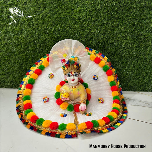 Elegant White & Red Laddu Gopal Heavy Poshak – Handcrafted Designer Krishna Ji Dress (Holi)