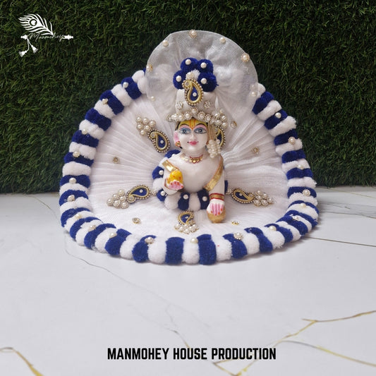 White Laddu Gopal Ji Dress with Navy Blue Velvet Stripes | Elegant Pearl & Kundan Poshak