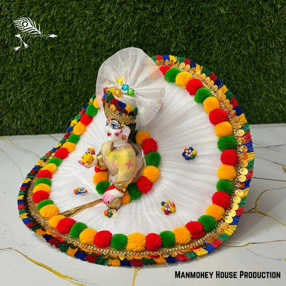 Elegant White & Red Laddu Gopal Heavy Poshak – Handcrafted Designer Krishna Ji Dress (Holi)