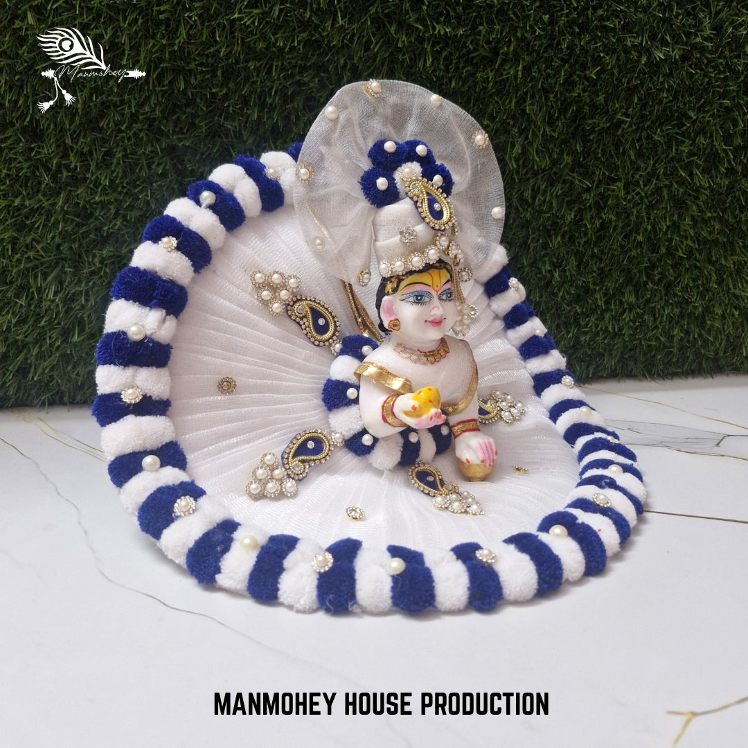 White Laddu Gopal Ji Dress with Navy Blue Velvet Stripes | Elegant Pearl & Kundan Poshak